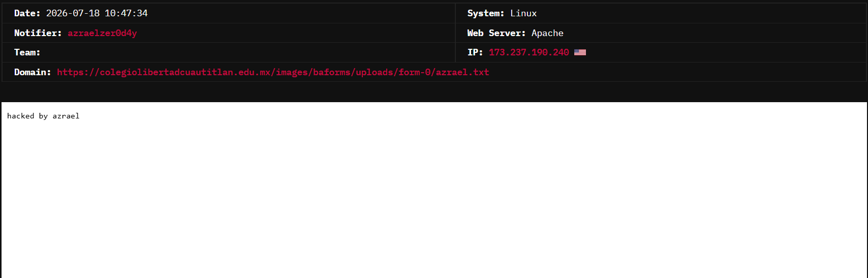 azraelzer0d4y targets the website of Colegio Libertad A.C