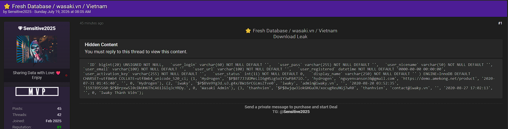 Alleged Data Breach of wasaki