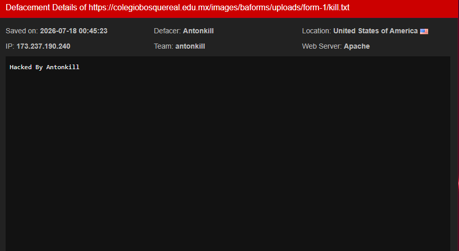 Antonkill targets the website of Colegio Bosque Real