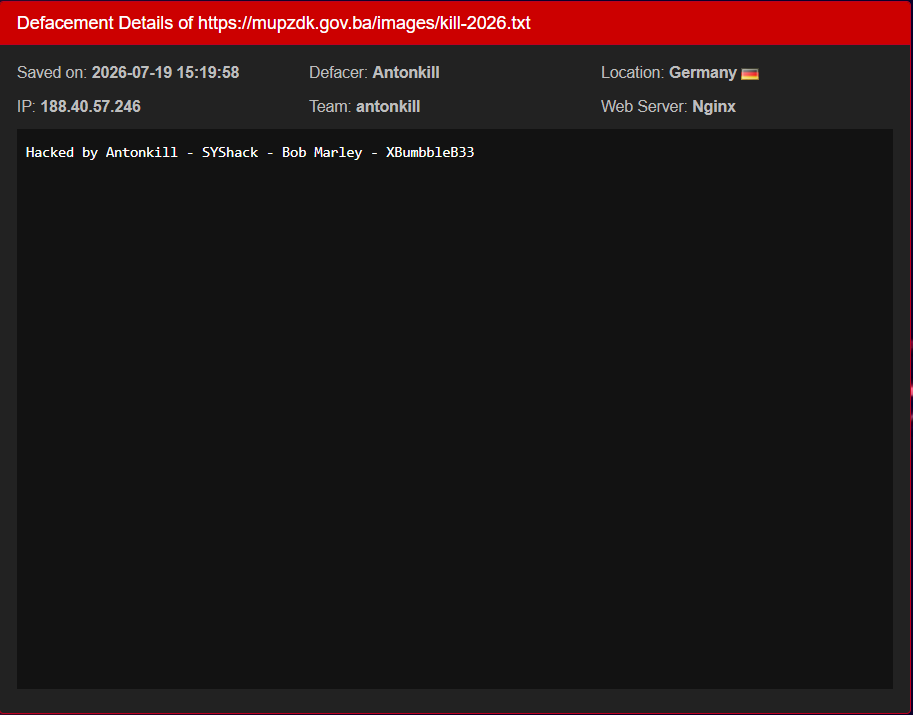 Antonkill target the website of Ministry of Internal Affairs of Zenica Doboj Canton