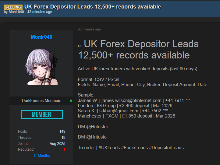 Alleged sale of UK Forex Depositor Leads