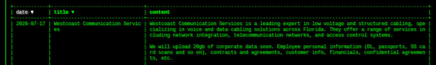 Westcoast Communication Services Falls Victim to Akira Ransomware
