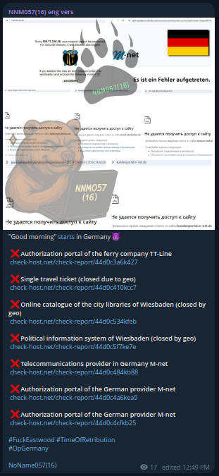 NoName057(16) claims to targets the website of TT-Line