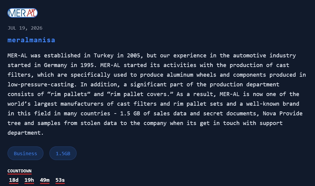 MER-AL falls victim to Nova Ransomware