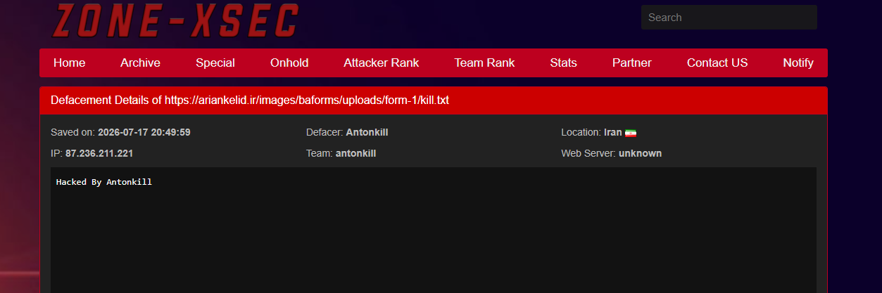 Antonkill targets the website of ariankelid.