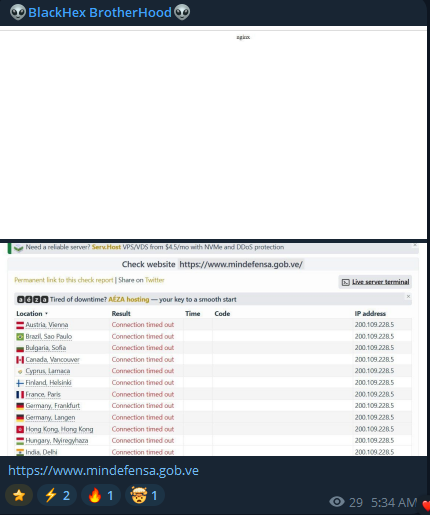 BlackHex Brotherhood targets the website of Ministry of Popular Power for Defense