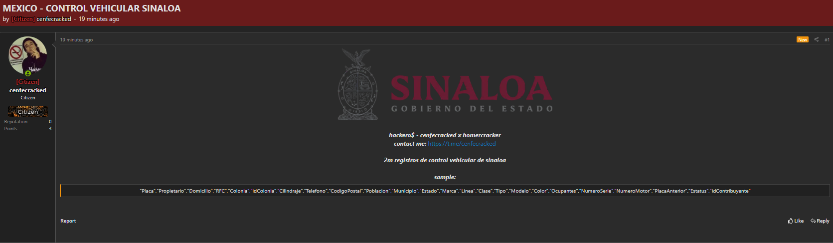 Alleged data sale of gobierno del estado de sinaloa