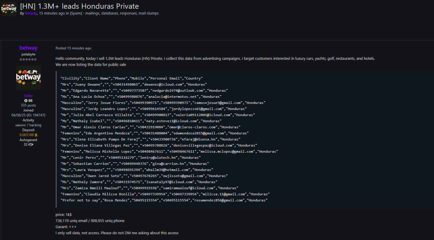 Alleged Sale of 1.3 Million Honduras Data