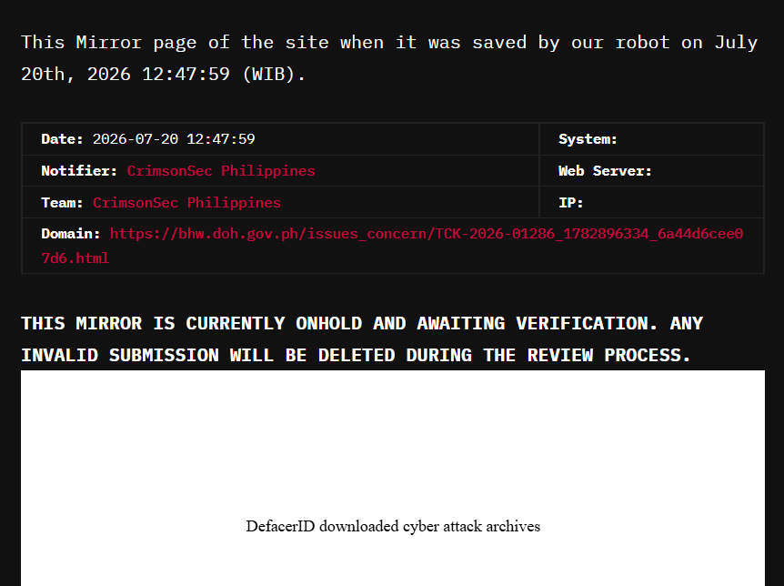 CRIMSONSEC PHILIPPINES targets the website of Department of Health (DOH) – National Barangay Health Worker Registry System