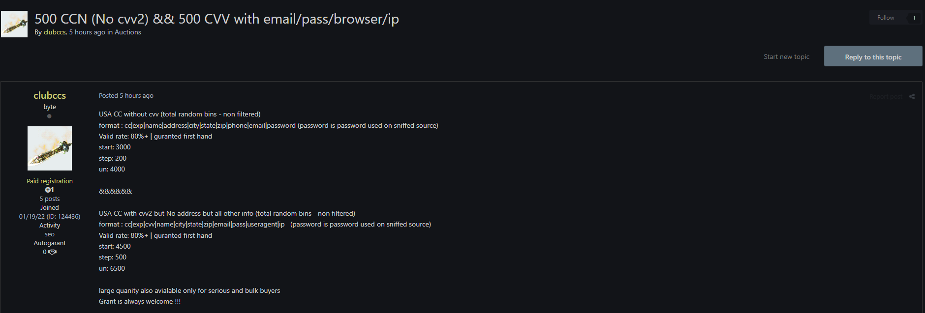 Alleged Sale of USA Payment Card Data