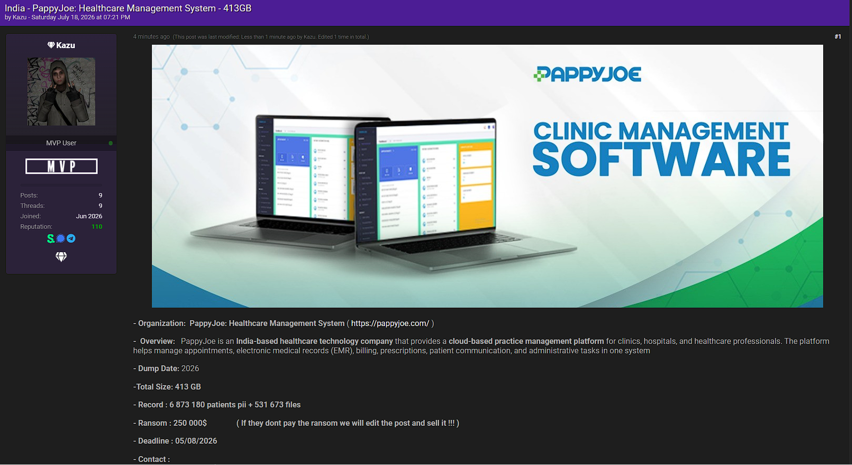 Alleged Data Breach of PappyJoe Healthcare Management System