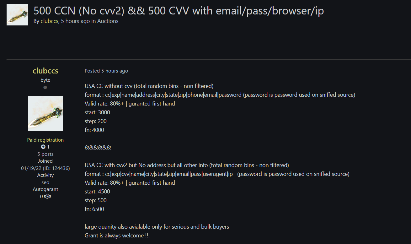 Alleged Sale of Unauthorized Access to 500 CCN && 500 CVV with emails