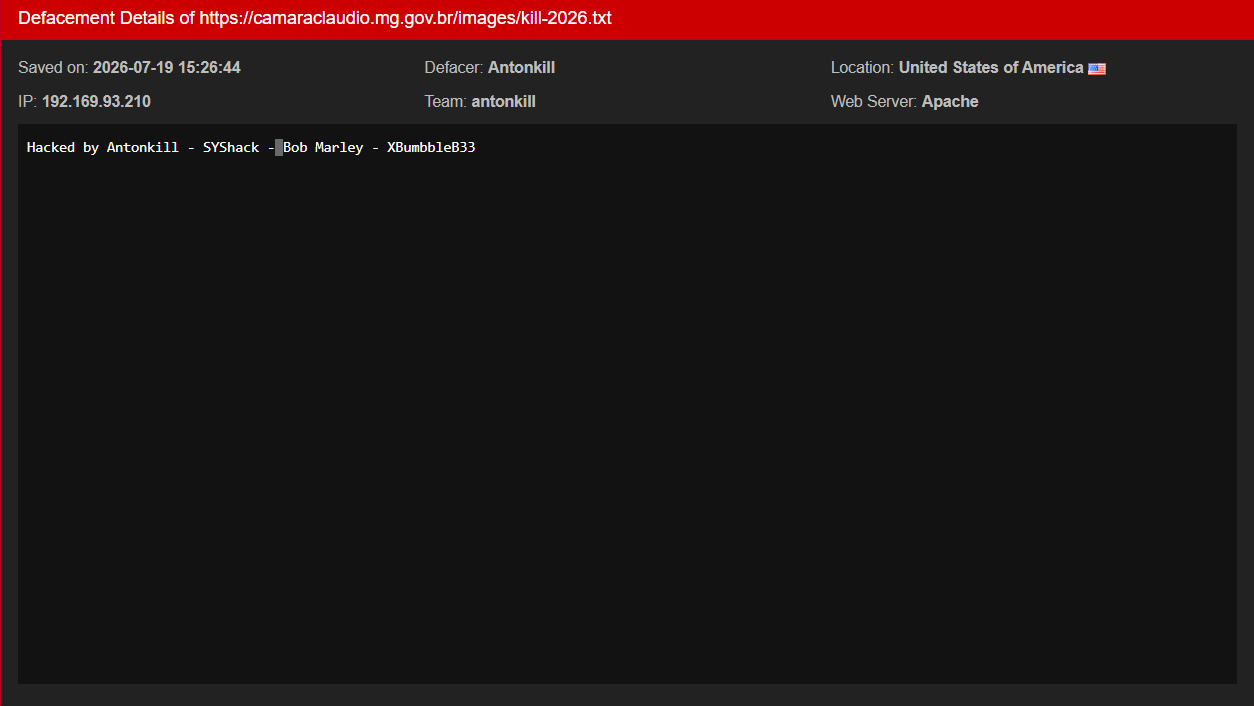 Antonkill targets the website of Municipal Chamber of Cláudio