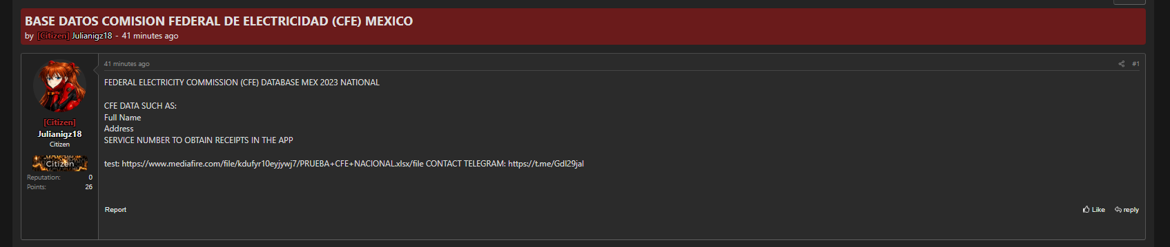 Alleged data leak of Comisión Federal de Electricidad (CFE) Database