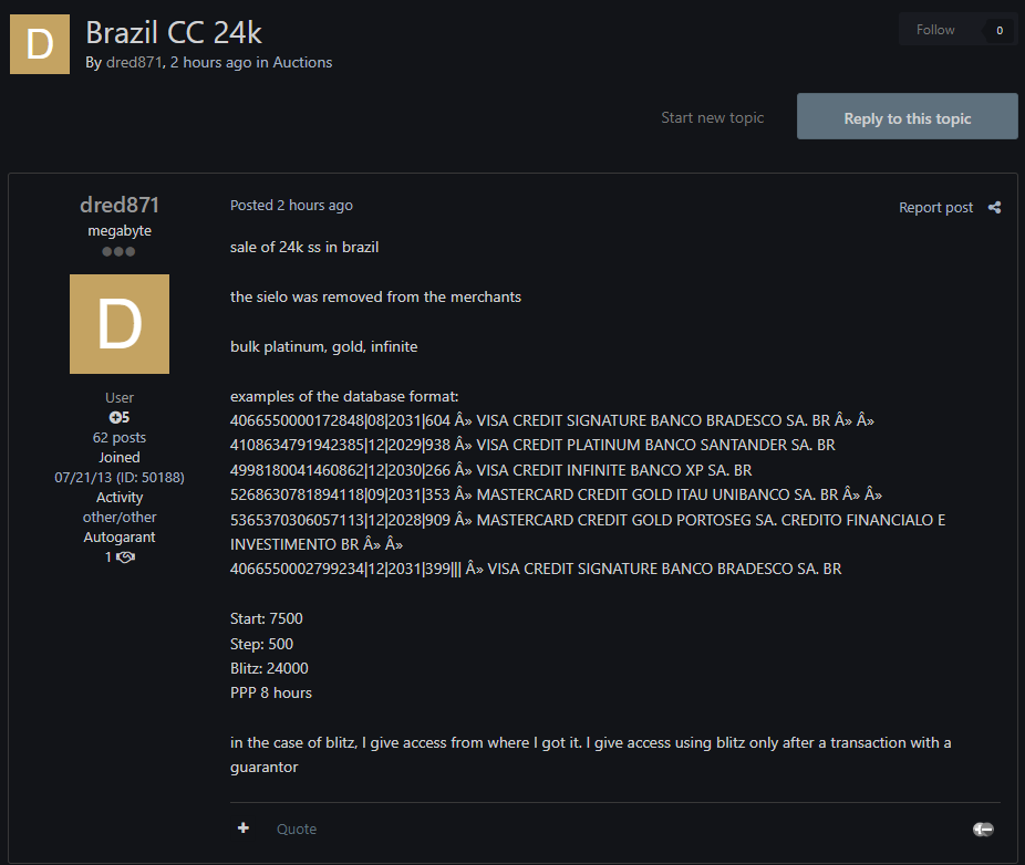 Alleged Sale of Brazil Credit Card Database