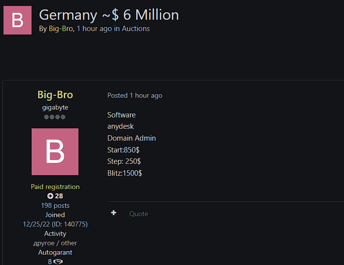 Alleged Sale of Unauthorized Domain Admin access Germany-based software company