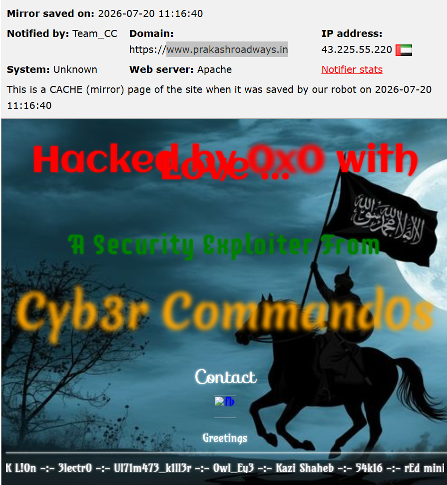 Team_CC targets the website of Prakash Roadways