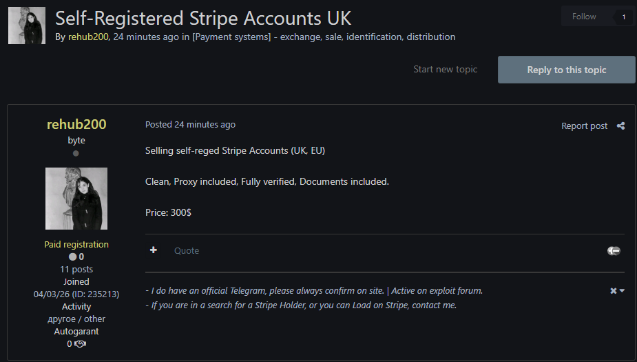 Alleged Sale of Self-Registered Stripe Accounts