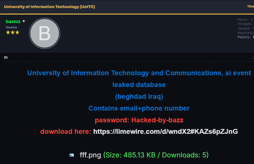 Alleged data breach of University of Information Technology and Communications (UoITC)