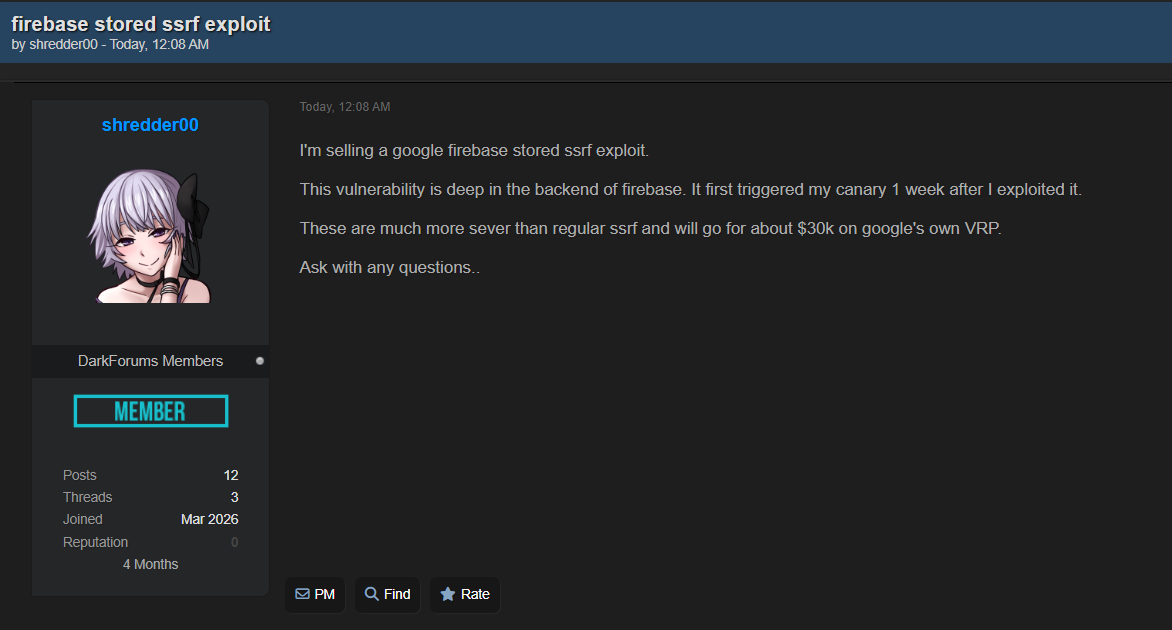 Alleged Sale of Google Firebase Stored SSRF Exploit