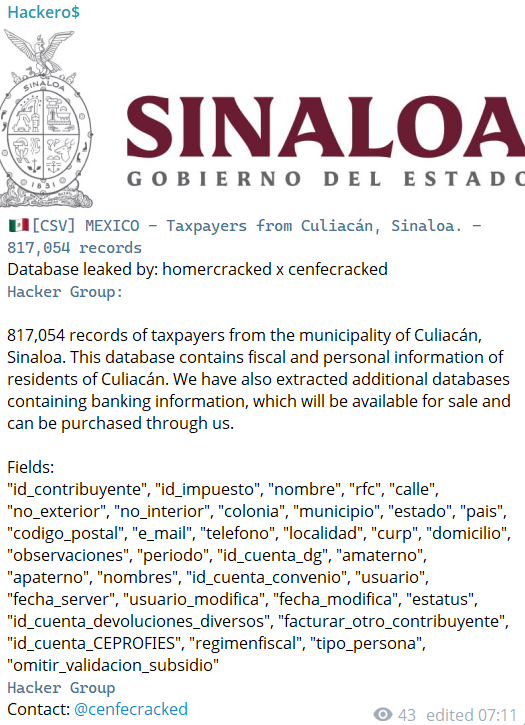 Alleged data leak of Municipality of Culiacán in Mexico