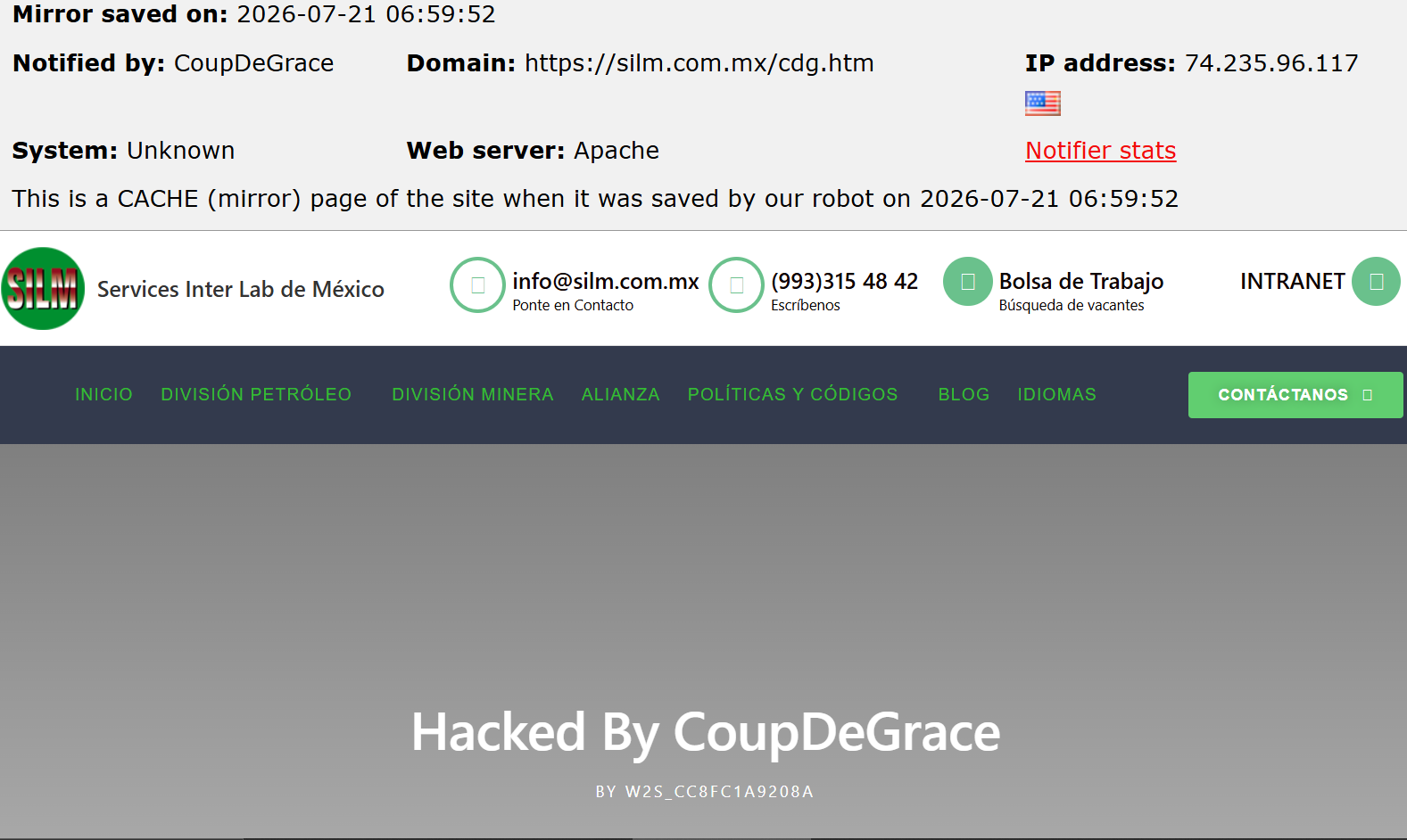 CoupDeGrace targets the website of Services Inter Lab de México S.A. de C.V.