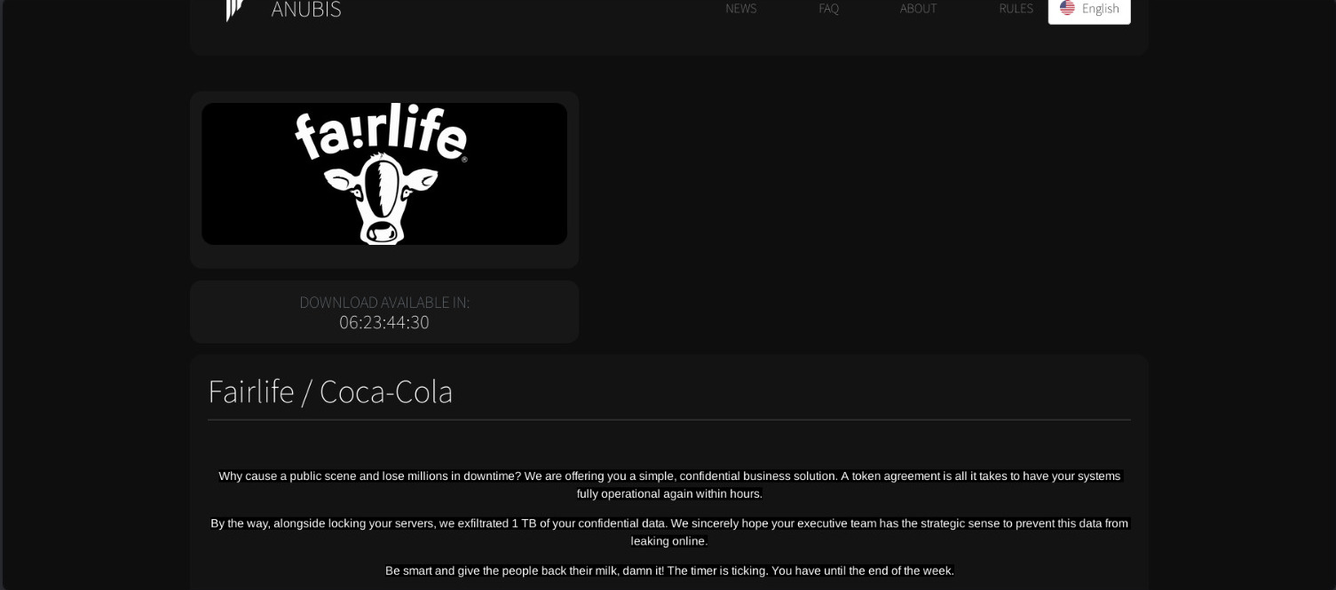 Fairlife / Coca-Cola Falls Victim to Anubis Ransomware