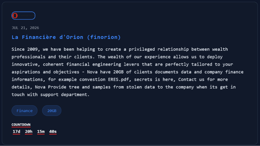 La Financière d’Orion falls victim to Nova ransomware