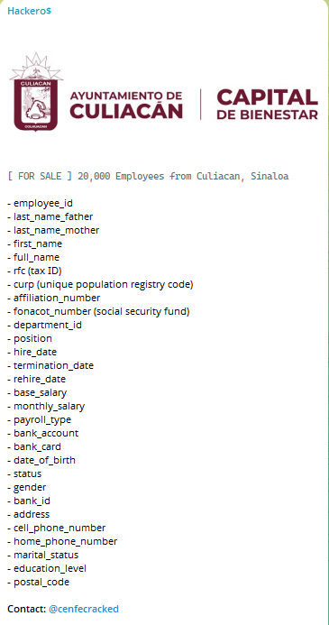 Alleged data breach of Municipality of Culiacán