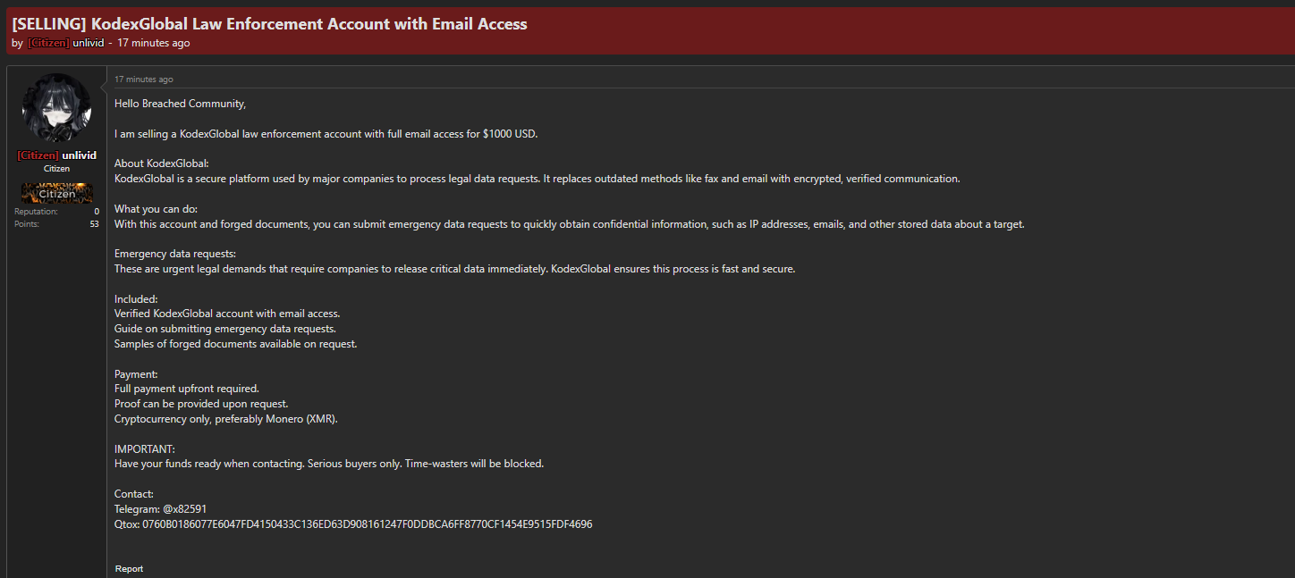 Alleged Sale of Law Enforcement Account Email Access to KodexGlobal