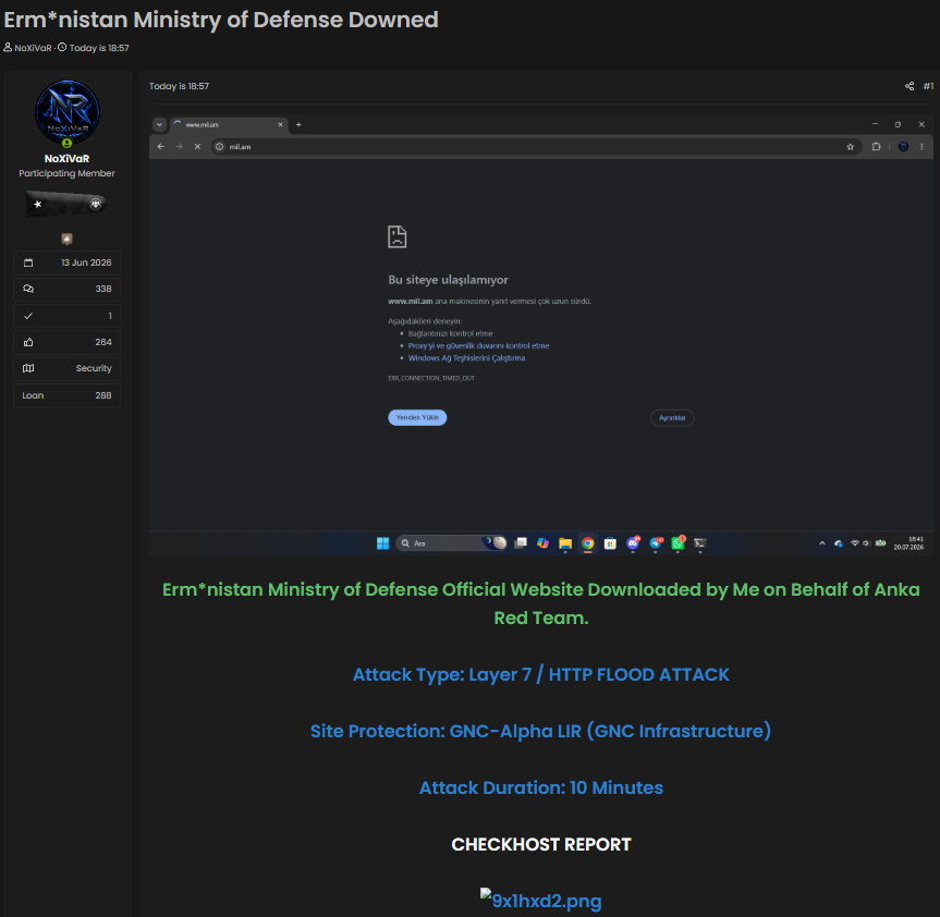 NoXiVaR targets the website of Ministry of Defense of Armenia