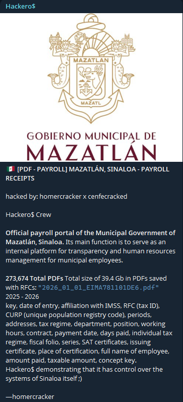 Alleged data breach of Mazatlán Municipal Government