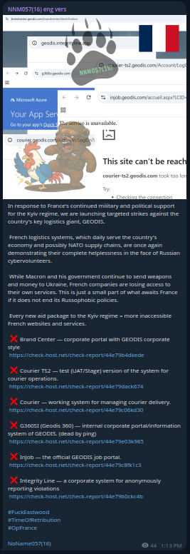 NoName057(16) claims to targets the website of GEODIS