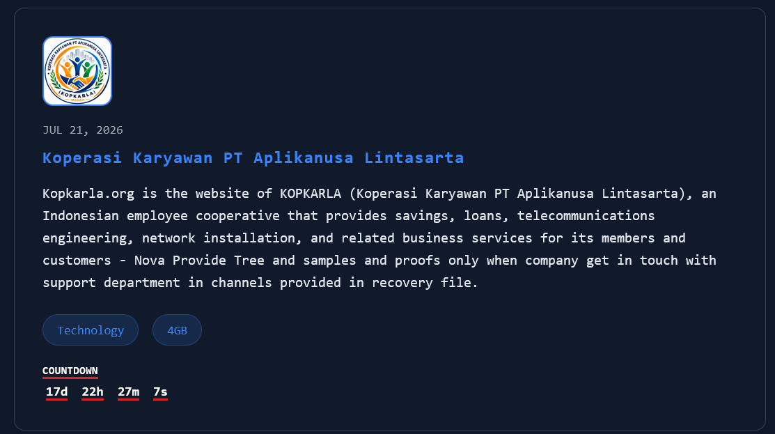 Koperasi Karyawan PT Aplikanusa Lintasarta Victim to Nova Ransomware