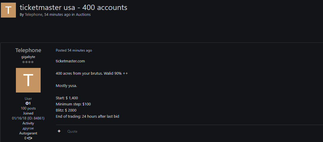 Alleged Sale of Ticketmaster Accounts