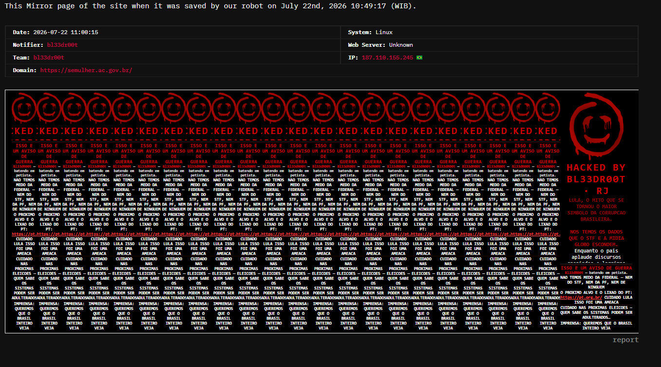 bl33dr00t targets the website of Secretaria de Estado da Mulher (SEMULHER), Government of Acre