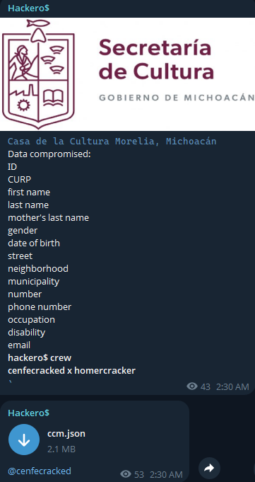 Alleged Data Breach of House of Culture, Michoacán