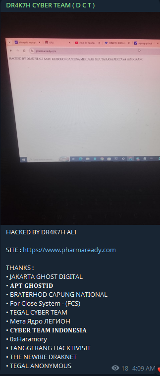 DR4K7H CYBER TEAM targets the website of pharmaREADY