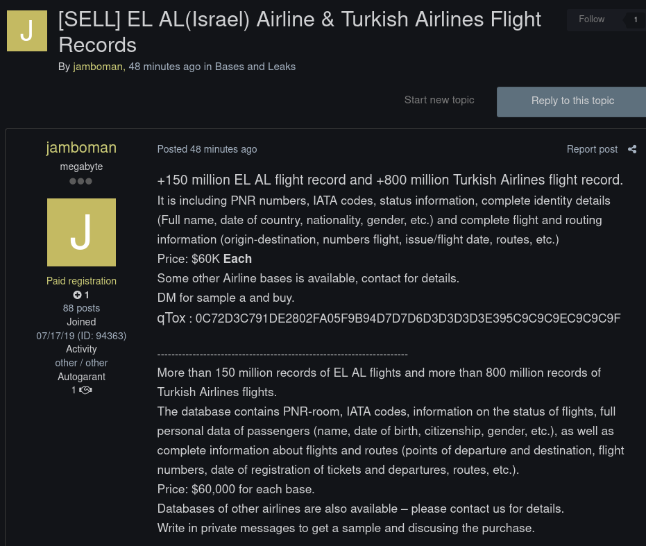Alleged data sale of EL AL Israel Airlines and Turkish Airlines