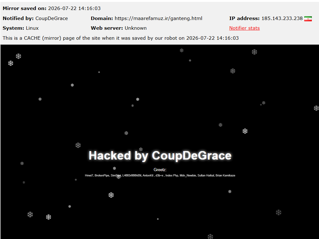 CoupDeGrace targets the website of Maarefamuz