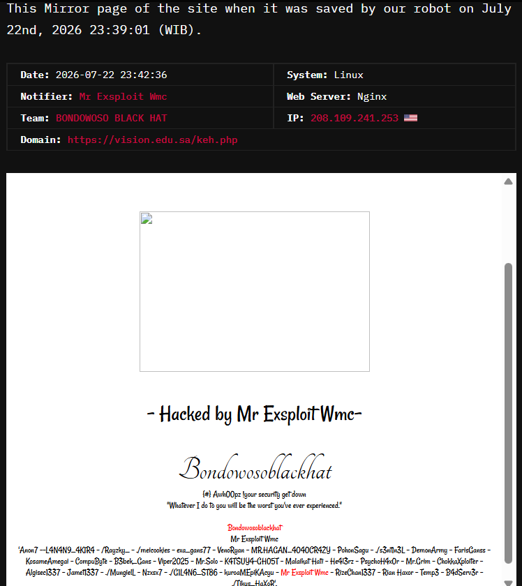 BONDOWOSO BLACK HAT targets the website of Vision Colleges