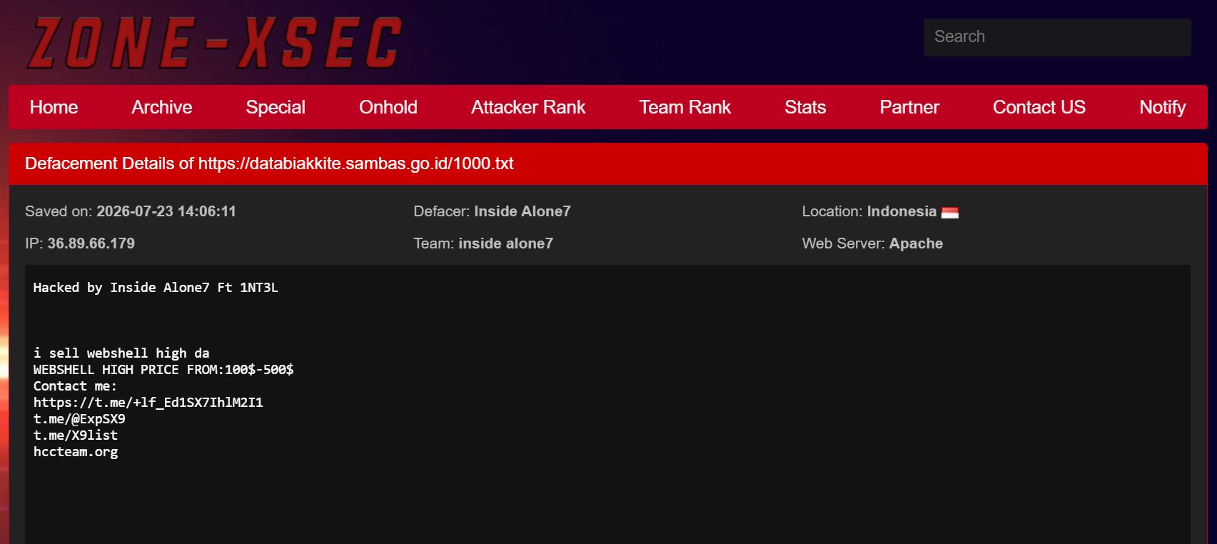 Inside Alone7 targets the website of Muare Satu Data Sambas