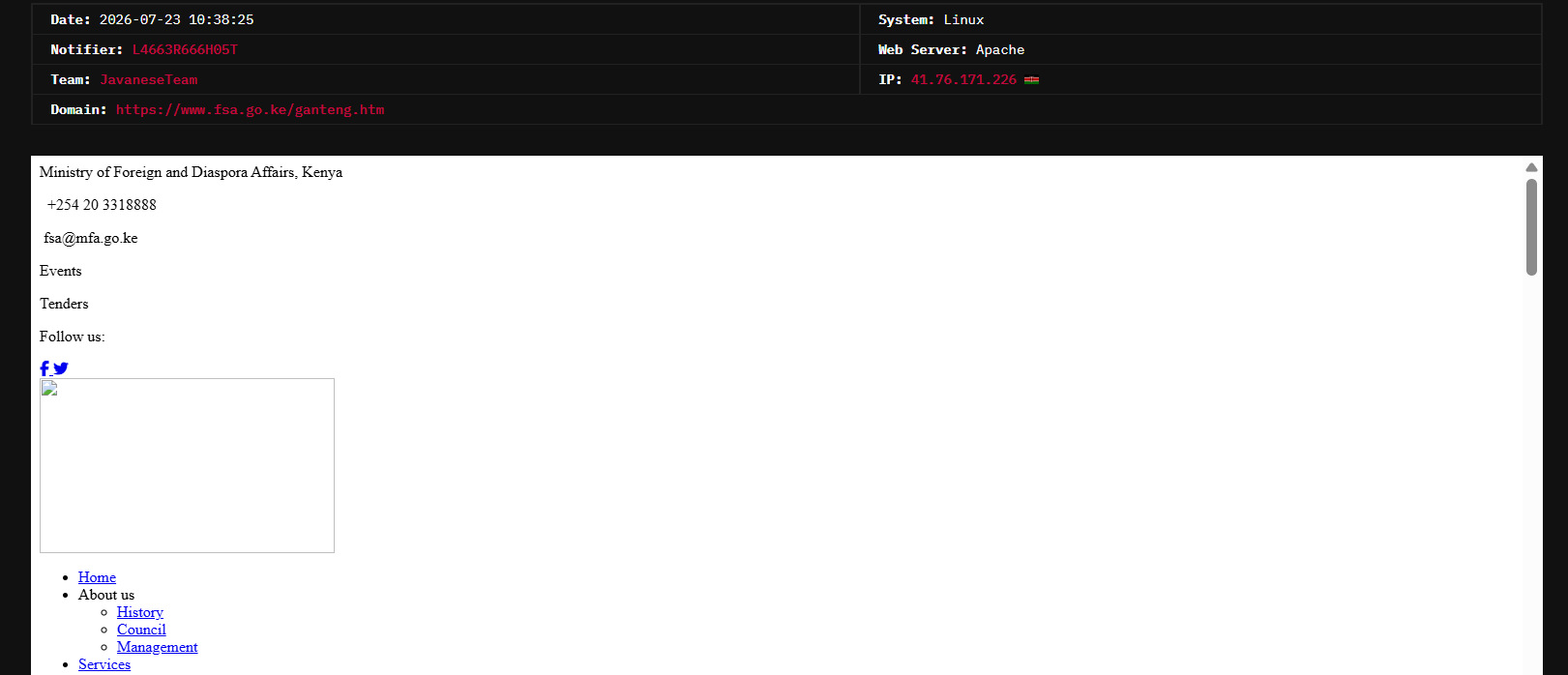 L4663R666H05T targets the website of Foreign Service Academy (FSA)