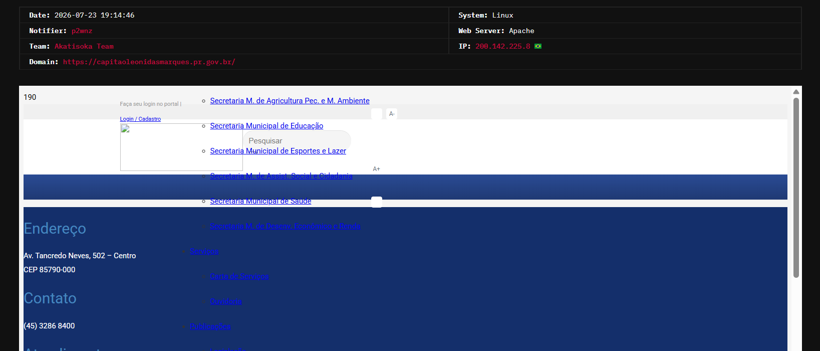 p2wnz targets the website of Municipality of Captain Leonidas Marques