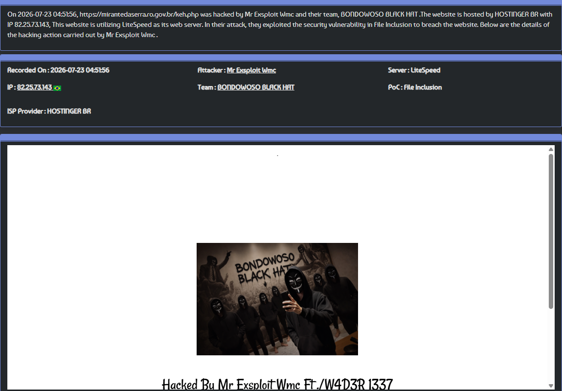 BONDOWOSO BLACK HAT targets the website of Prefeitura Municipal de Mirante da Serra