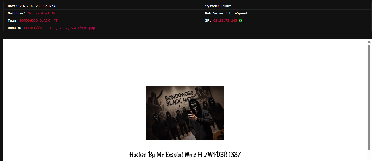 mr exsploit wmc targets the website of Municipality of Ecoporanga