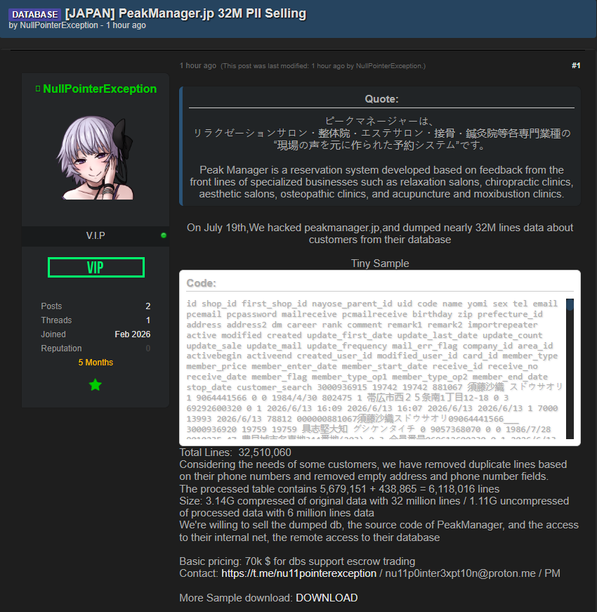 Alleged data breach of PeakManager