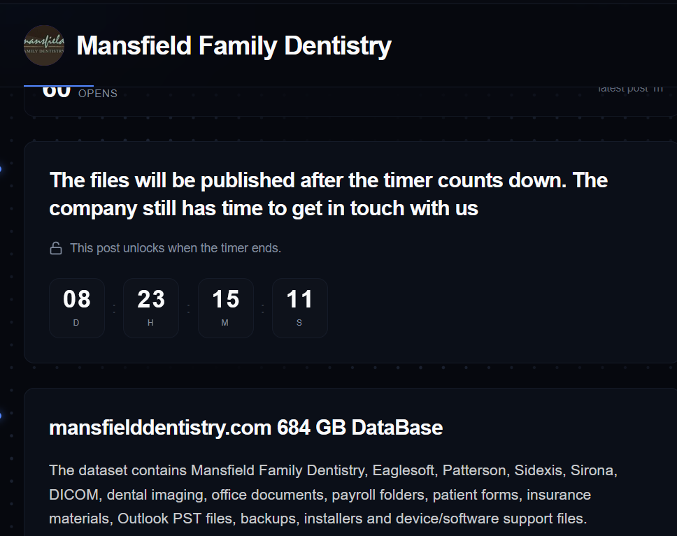 Mansfield Family Dentistry falls to victim to Everest Ransomware