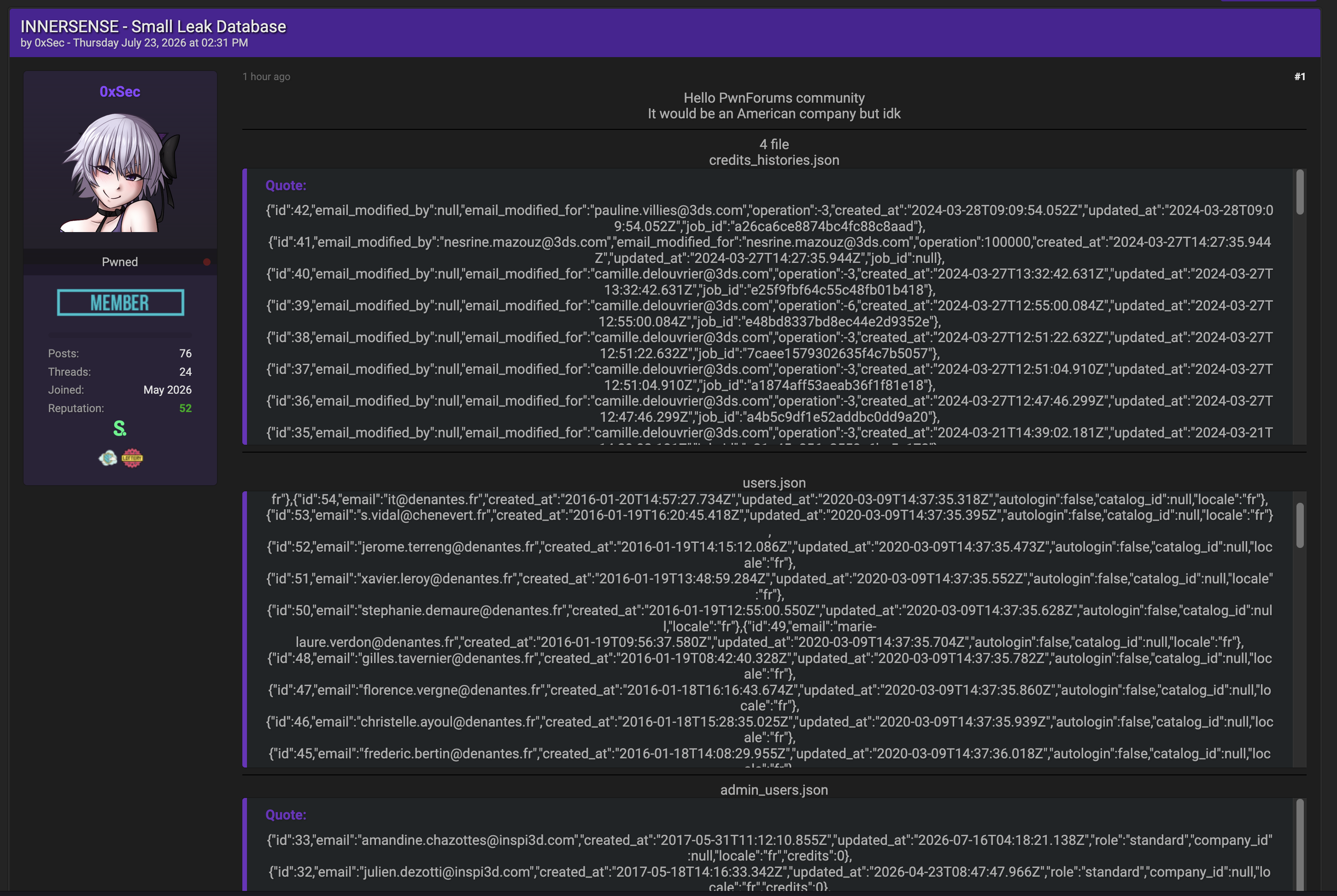Alleged data breach of Innersense