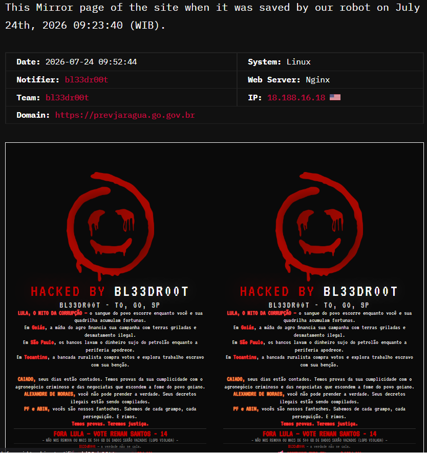 bl33dr00t targets the website of Social Security Pension Fund of Jaraguá